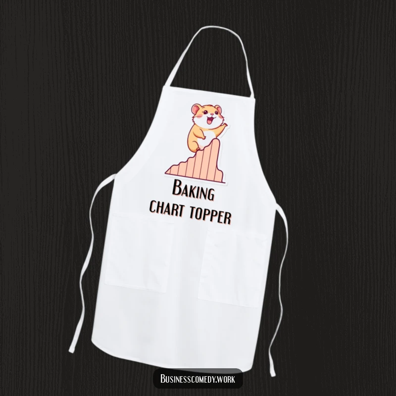 Funny apron design with a happy hamster climbing a success graph, perfect for kitchen tasks.