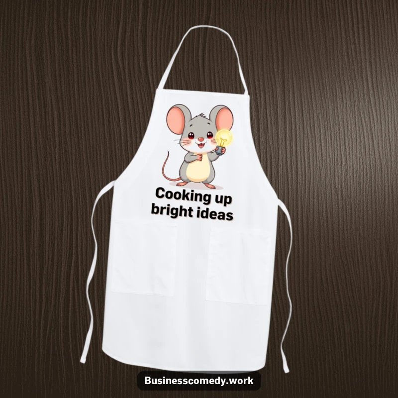 Funny apron featuring a cheerful mouse presenting a glowing lightbulb, ideal for kitchen creativity and a humorous cooking experience.