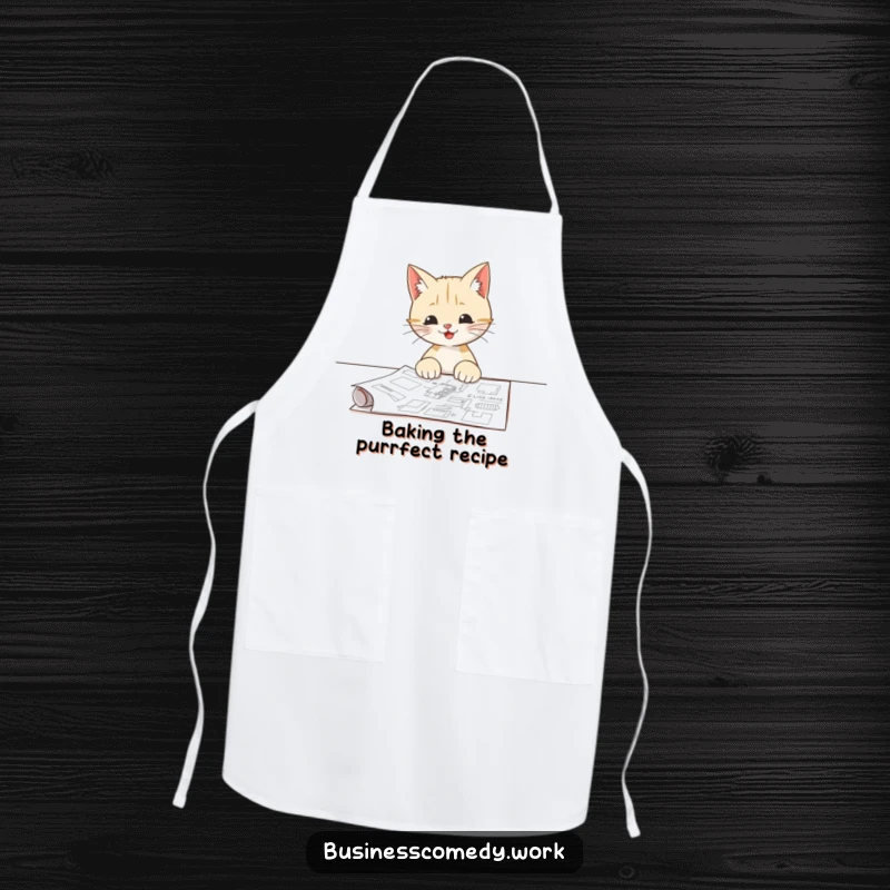 Funny apron with a happy cat examining a blueprint, ideal for kitchen creativity and a humorous planning experience.