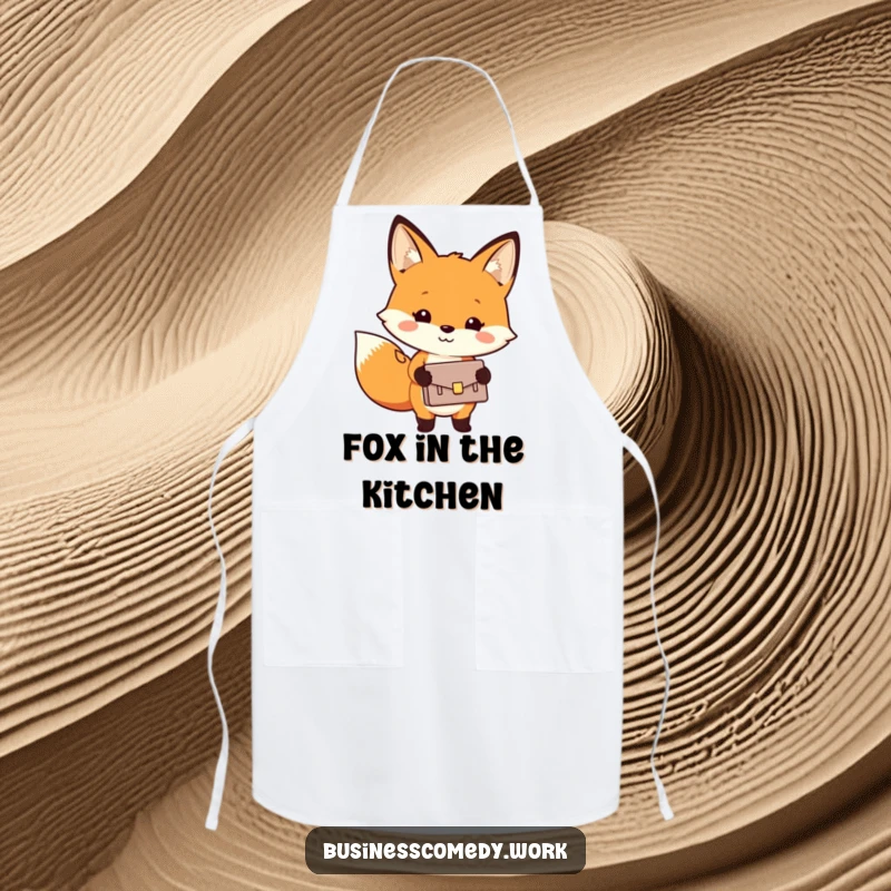 Funny apron design with a smiling fox holding a tiny briefcase, ideal for kitchen tasks.