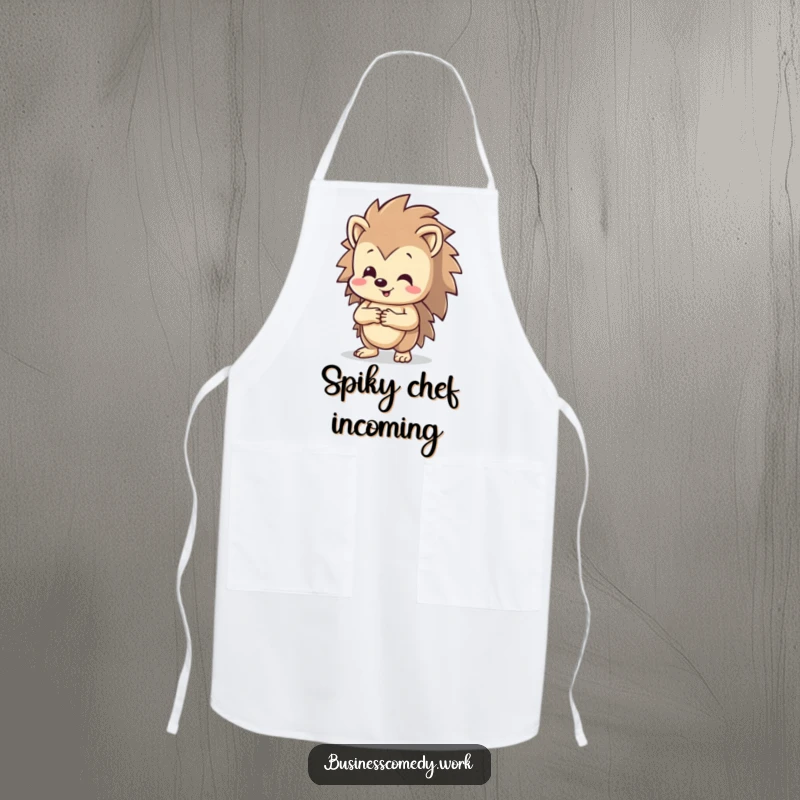 Funny happy hedgehog shaking hands on an apron, smiling broadly, a humorous kitchen accessory for friendly hosts.