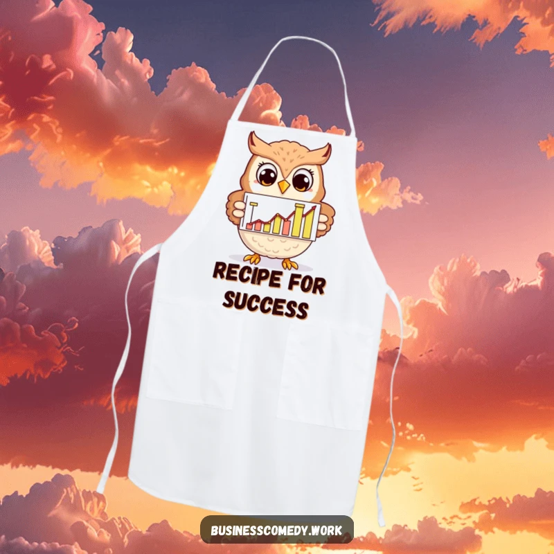 Funny cheerful owl presenting a chart on an apron, smiling, a humorous kitchen accessory for smart chefs.