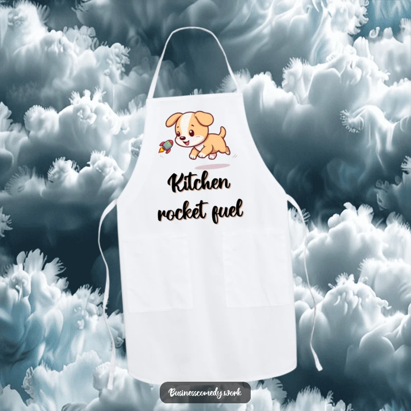 Funny apron design with a playful puppy chasing a small rocket, perfect for kitchen fun.