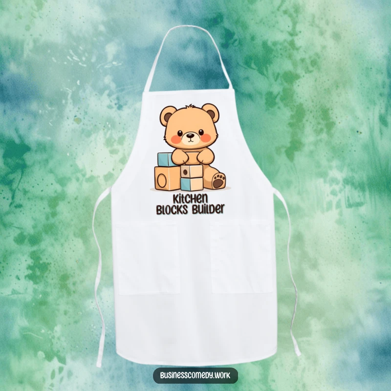 Funny apron showing a cute bear cub cub focused on stacking building blocks, ideal for kitchen fun.