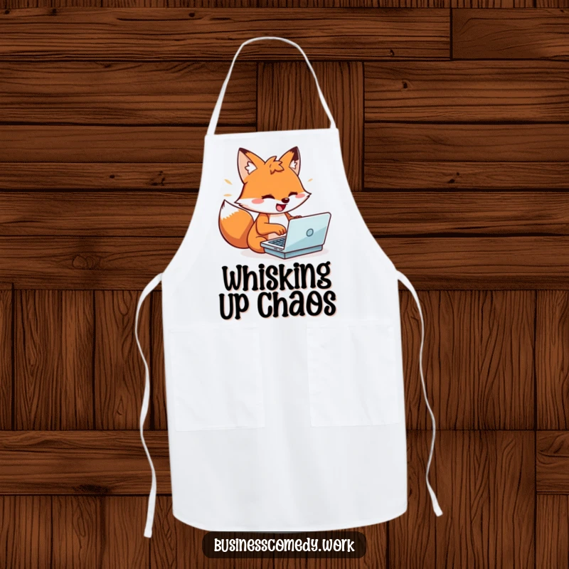 Funny playful fox typing on a laptop on an apron, looking energized, a humorous kitchen accessory for speedy cooks.