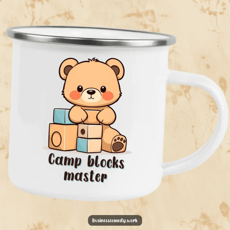 Funny camping mug with a cute bear cub cub focused on stacking building blocks, durable for outdoor use.