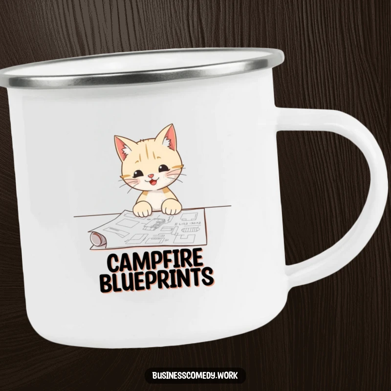 Funny camping mug with a happy cat examining a blueprint, perfect for outdoor planning and warm beverages.