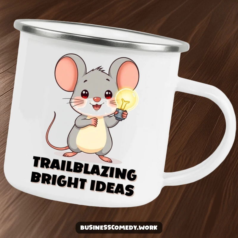 Funny camping mug with a cheerful mouse holding a glowing lightbulb, perfect for outdoor inspiration and warm drinks.