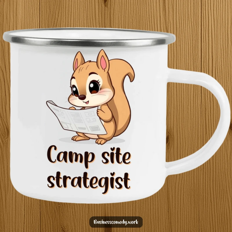 Funny camping mug with a curious squirrel studying a blueprint, perfect for outdoor strategizing.