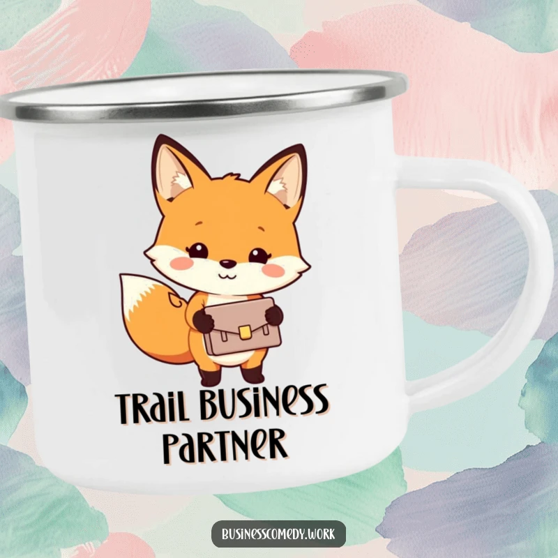 Funny camping mug showing a cheerful fox with a tiny briefcase, ready for outdoor adventures.