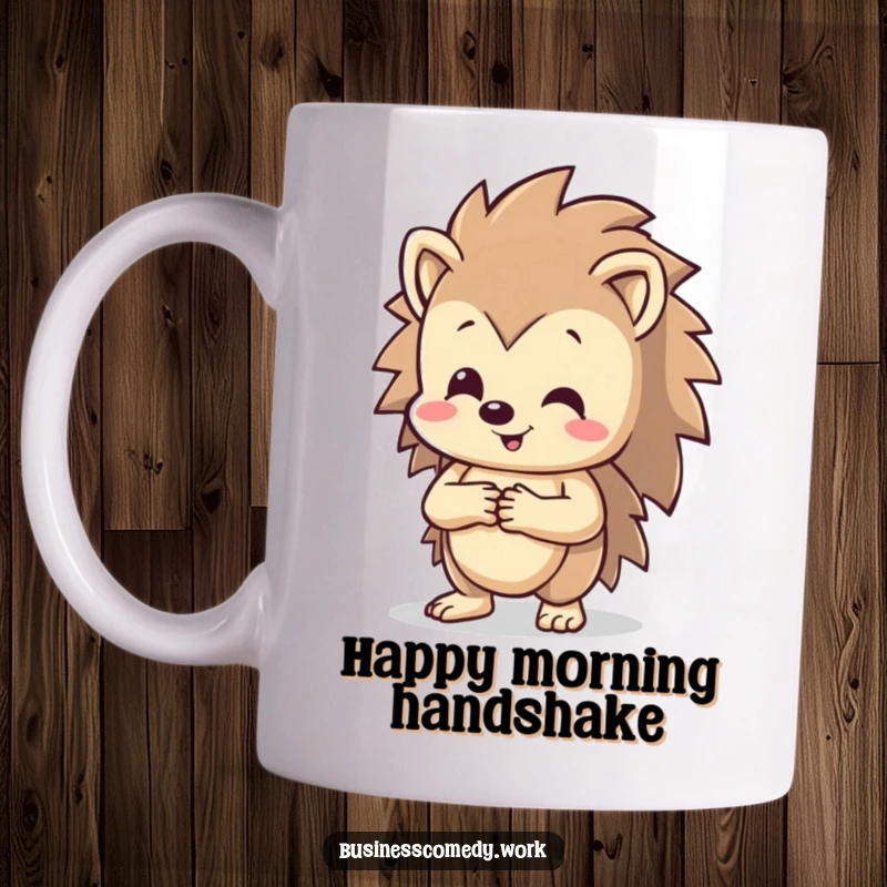 Funny happy hedgehog shaking hands with an unseen partner on a mug, beaming with joy, a humorous gift for networkers.