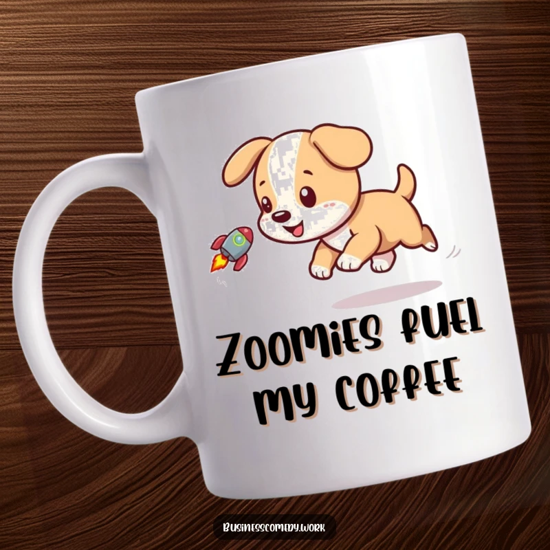 Funny mug showcasing a happy, playful puppy enthusiastically chasing a small, stylized rocket graphic.