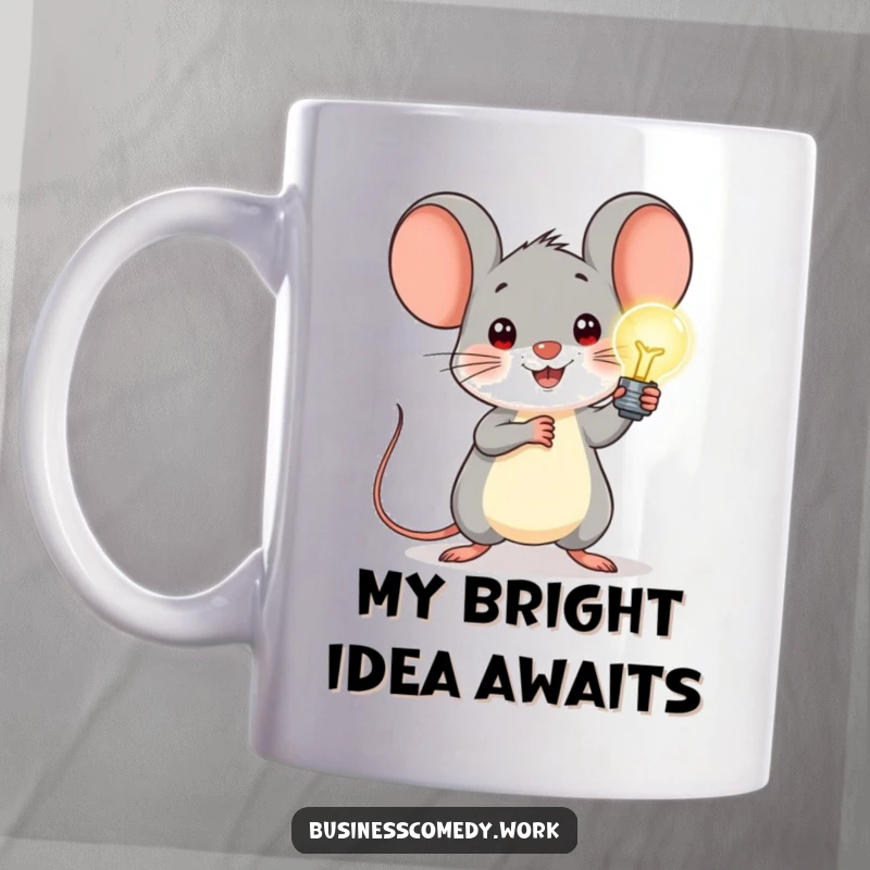 Funny mouse holding a glowing lightbulb, showcasing a bright idea with a brave, cheerful smile, perfect for a coffee mug.