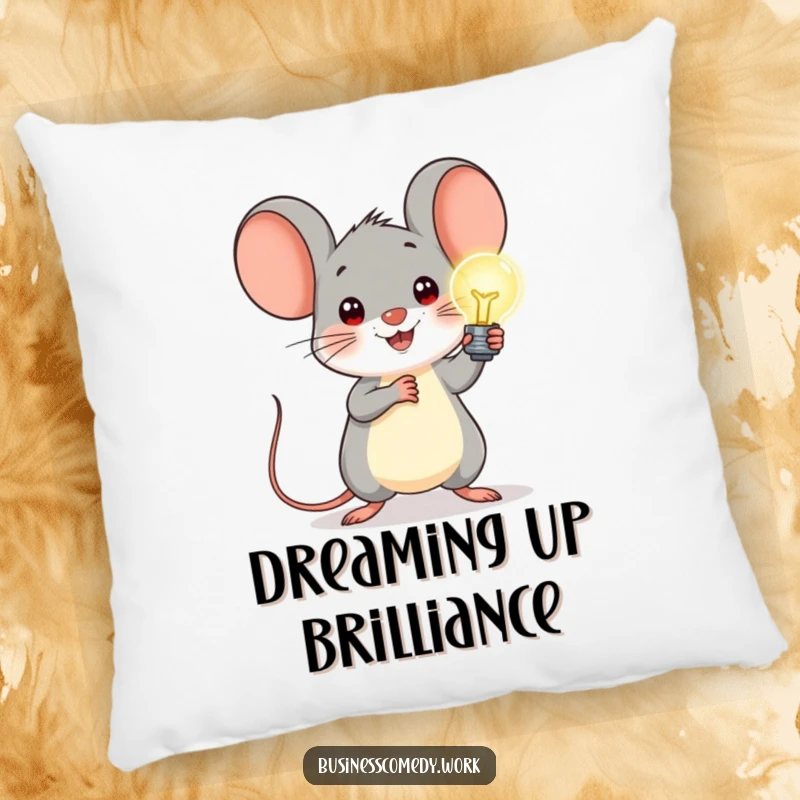 Funny pillow with a cheerful mouse holding a glowing lightbulb, bringing comfort and a spark of genius to any seating area.