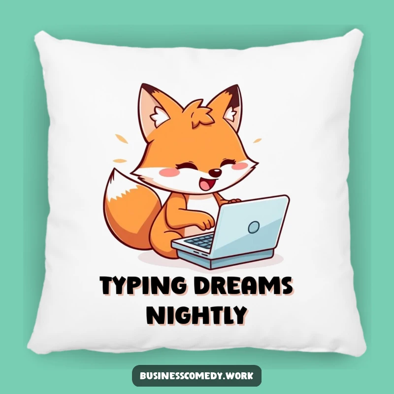 Funny Fox Pillow: Playful Typist Character, Cozy & Energized Humorous Gift
