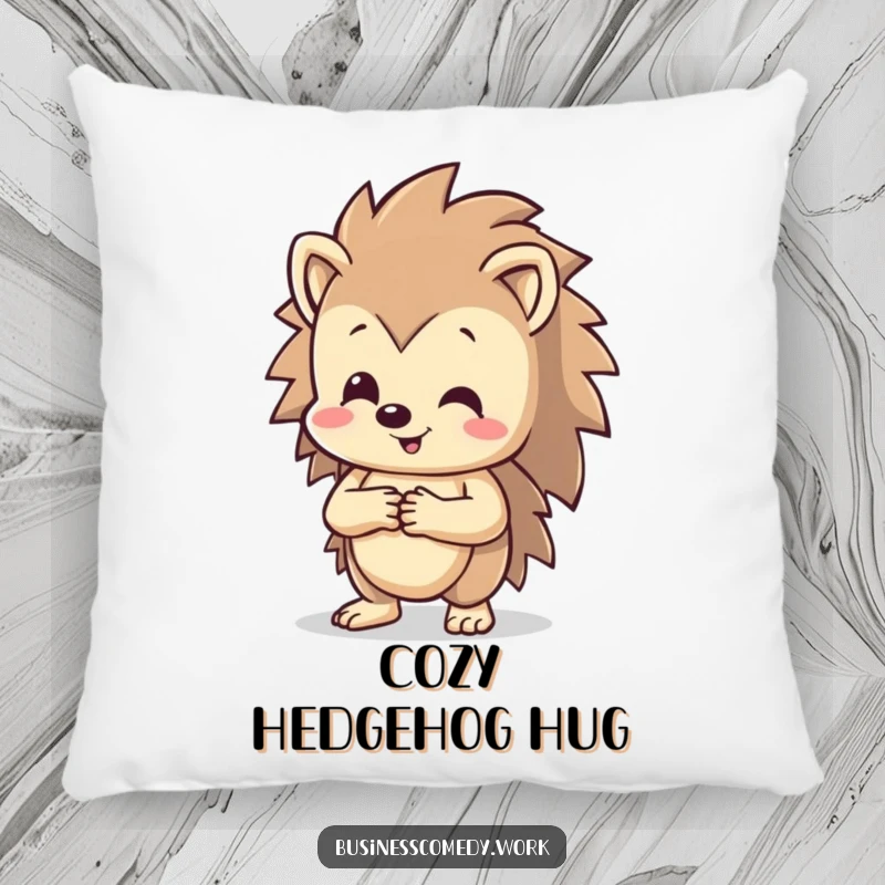 Funny happy hedgehog shaking hands on a pillow, beaming with joy, a soft and humorous decorative item for friendly people.