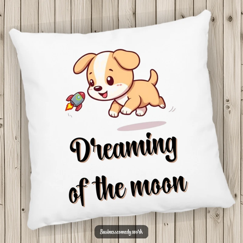 Funny pillow graphic of a joyful puppy playfully pursuing a tiny rocket icon, adding charm.