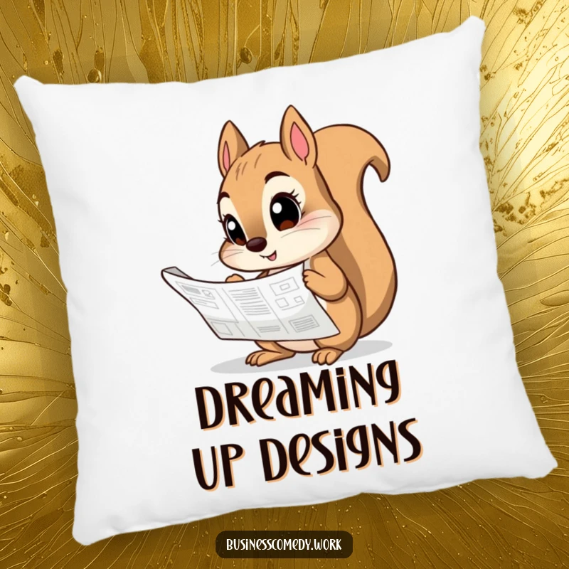 Funny pillow graphic of a curious squirrel studying a blueprint, perfect for adding a thoughtful touch.