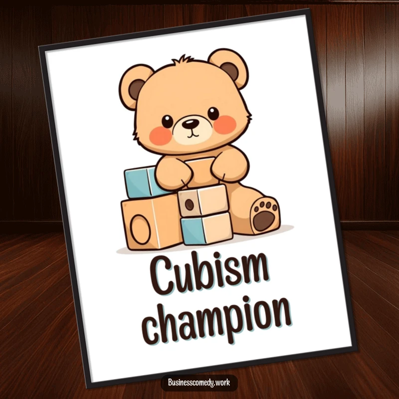 Funny digital art print of a cute bear cub cub intensely stacking building blocks, symbolizing focus and achievement.