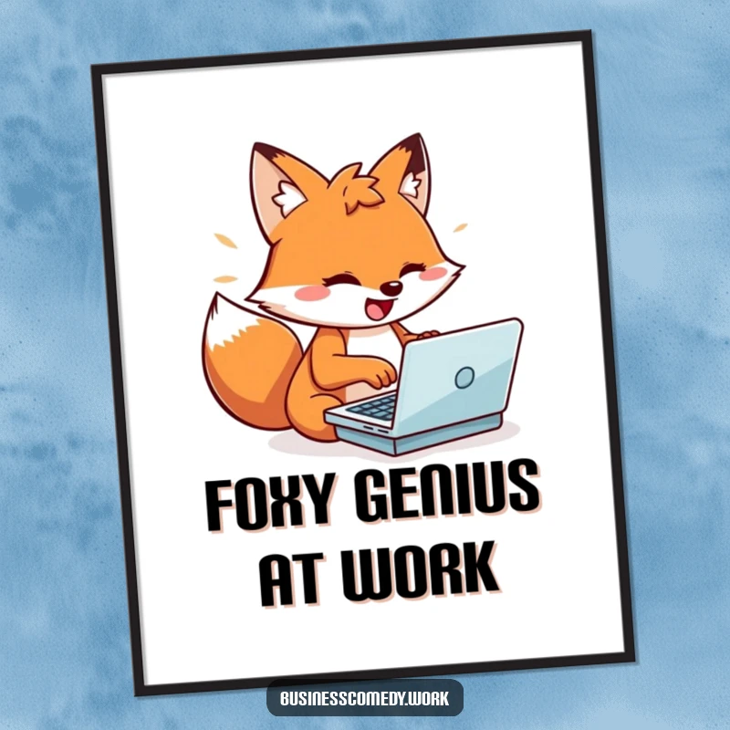 Funny playful fox typing rapidly on a small laptop on a poster, conveying energy and speed, humorous wall art.