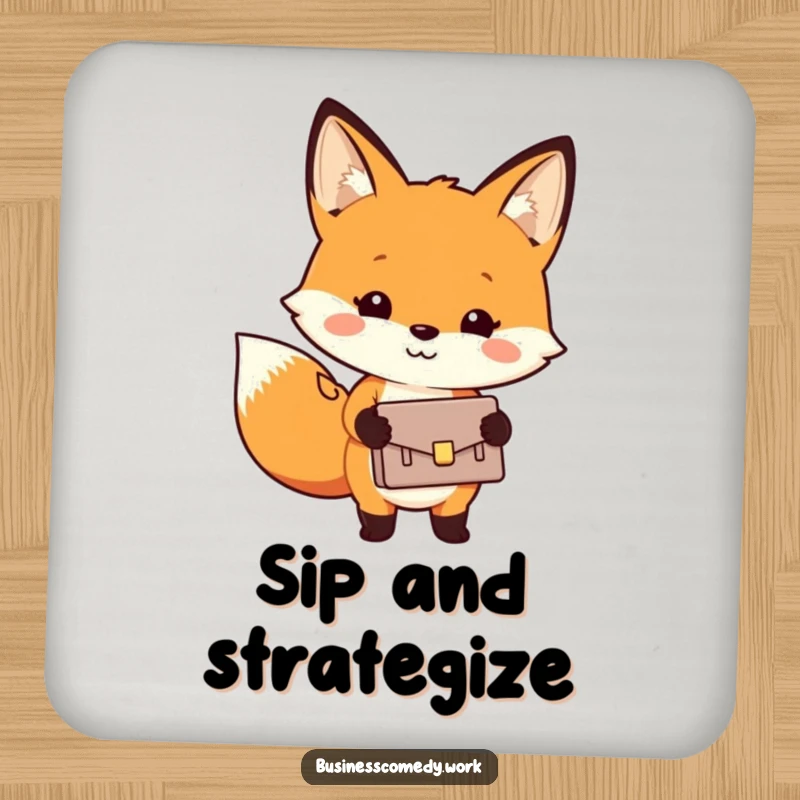 Funny drink coaster with a smiling fox holding a small briefcase, adding humor to any surface.