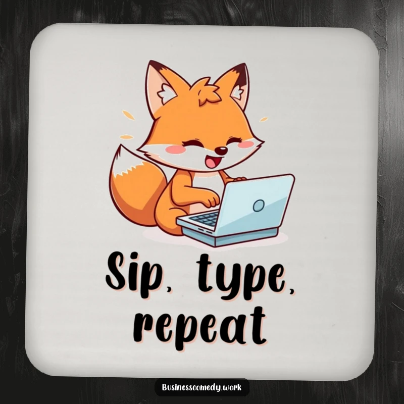 Funny playful fox typing on a miniature laptop on a drink coaster, looking energized, a humorous table protector.