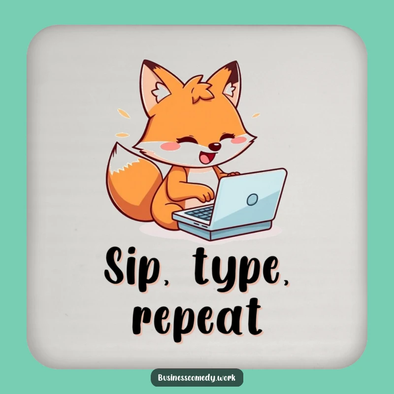 Funny Fox Coaster: Playful Typist Character Adds Energized Humorous Gift
