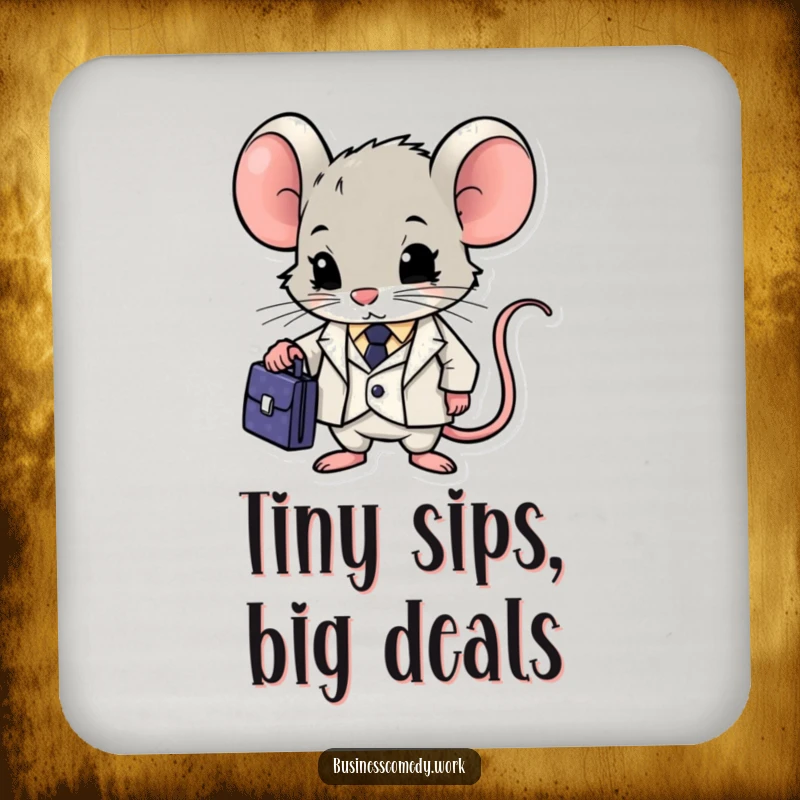 Funny mouse in a suit with a briefcase on a drink coaster, looking determined, a humorous table protector.