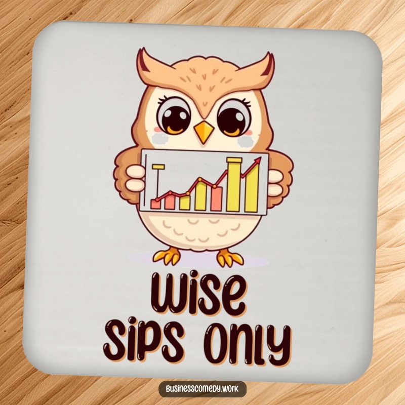 Funny cheerful owl holding a rising graph on a drink coaster, smiling, a humorous table protector.