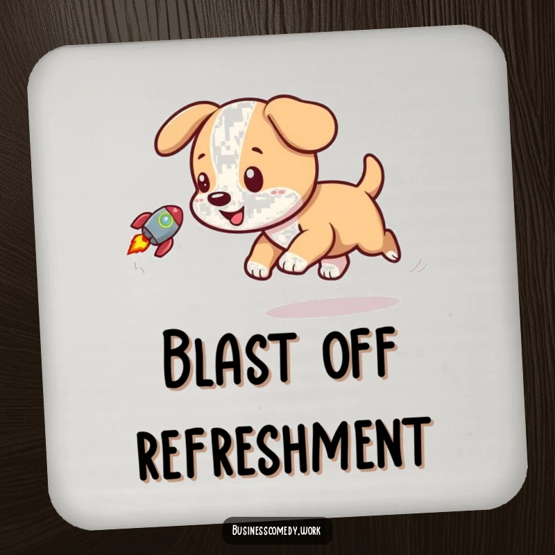 Funny drink coaster with a playful puppy chasing a tiny rocket icon, adding charm to your table.