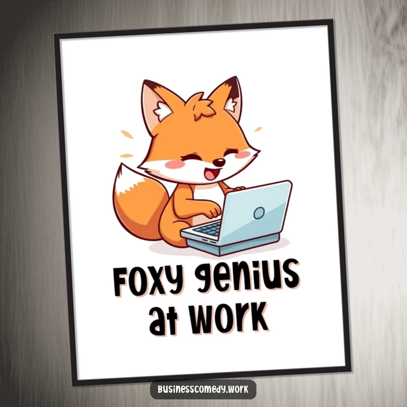 Funny playful fox typing rapidly on a small laptop on a poster, conveying energy and speed, humorous wall decor.
