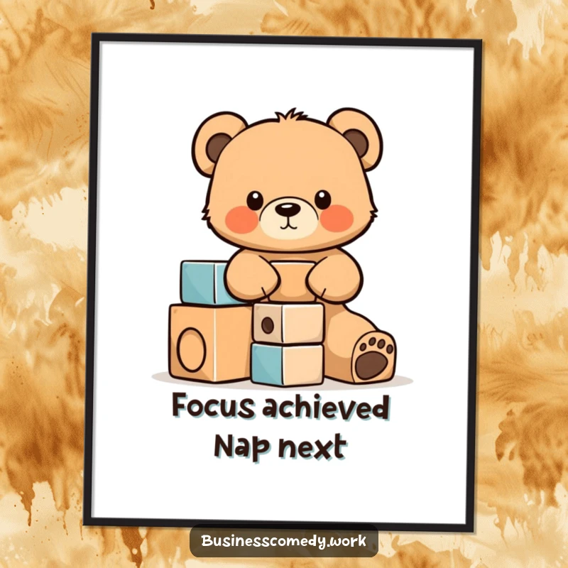 Funny poster art of a cute bear cub cub diligently stacking building blocks, symbolizing perseverance and focus.