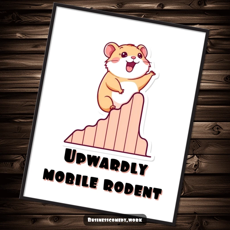 Funny poster art of a joyful hamster ascending a stylized graph representing growth and success.