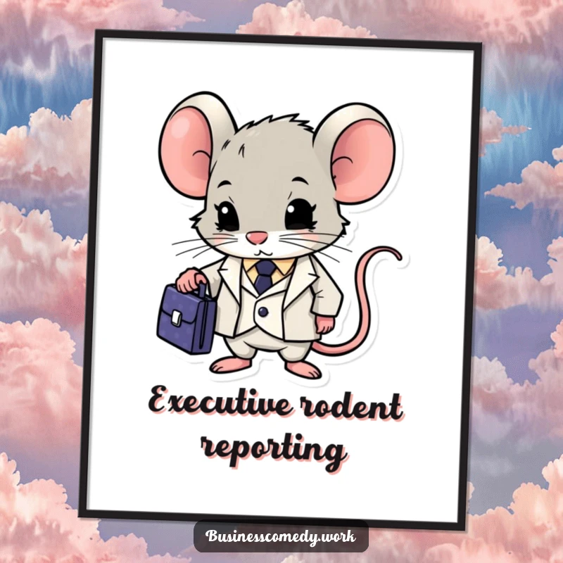 Funny mouse in a suit holding a briefcase, looking focused on a poster, a piece of motivational and humorous wall art.