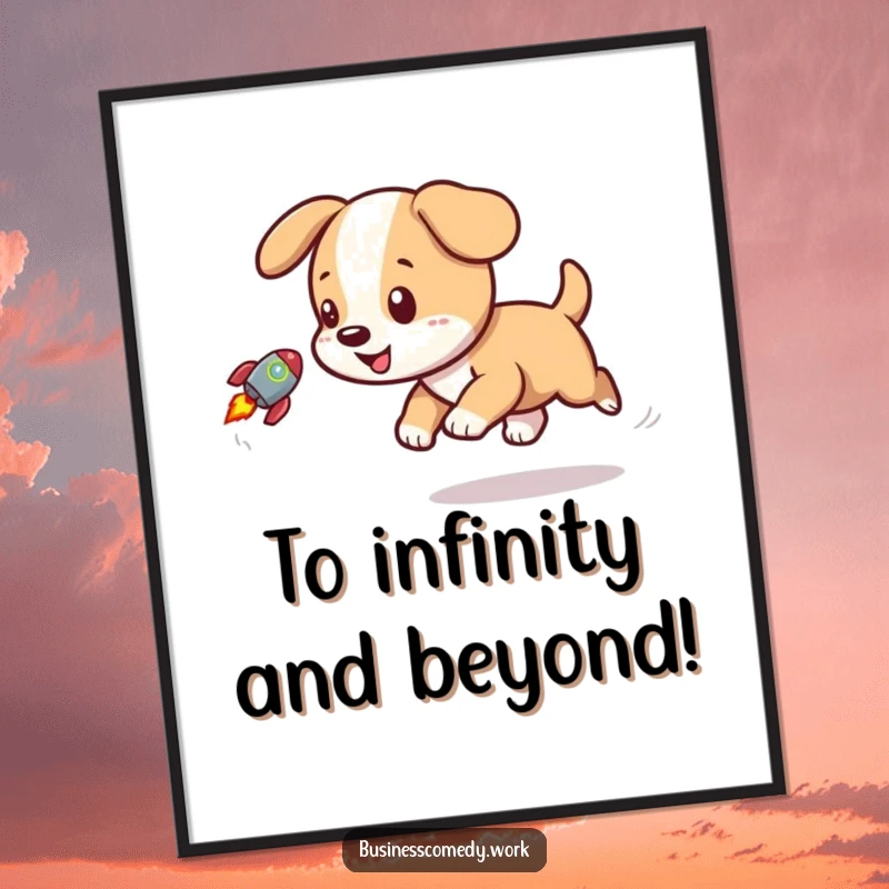 Funny poster art depicting an excited puppy chasing a small rocket graphic, representing chase and adventure.