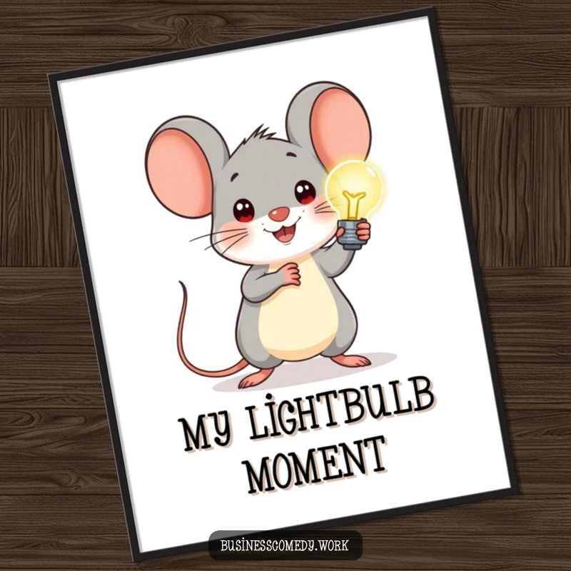 Funny poster of a cheerful mouse bravely presenting a glowing lightbulb, symbolizing new ideas and a positive outlook.