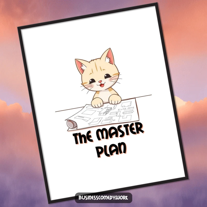 Funny poster of a happy cat curiously examining a detailed blueprint, highlighting intelligence and architectural aspirations.