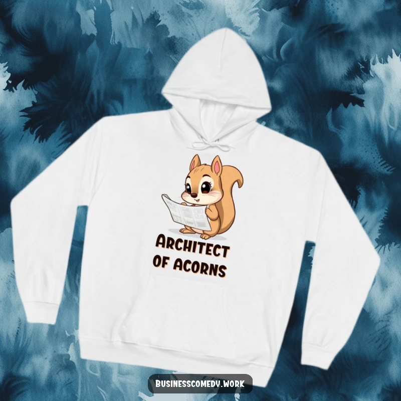 Funny hoodie graphic of a curious squirrel poring over a blueprint, symbolizing deep thought.