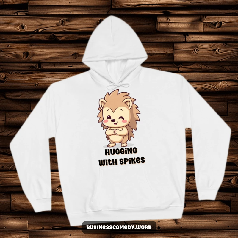 Funny happy hedgehog shaking hands on a hoodie, smiling broadly, a cozy and humorous garment for friendly people.