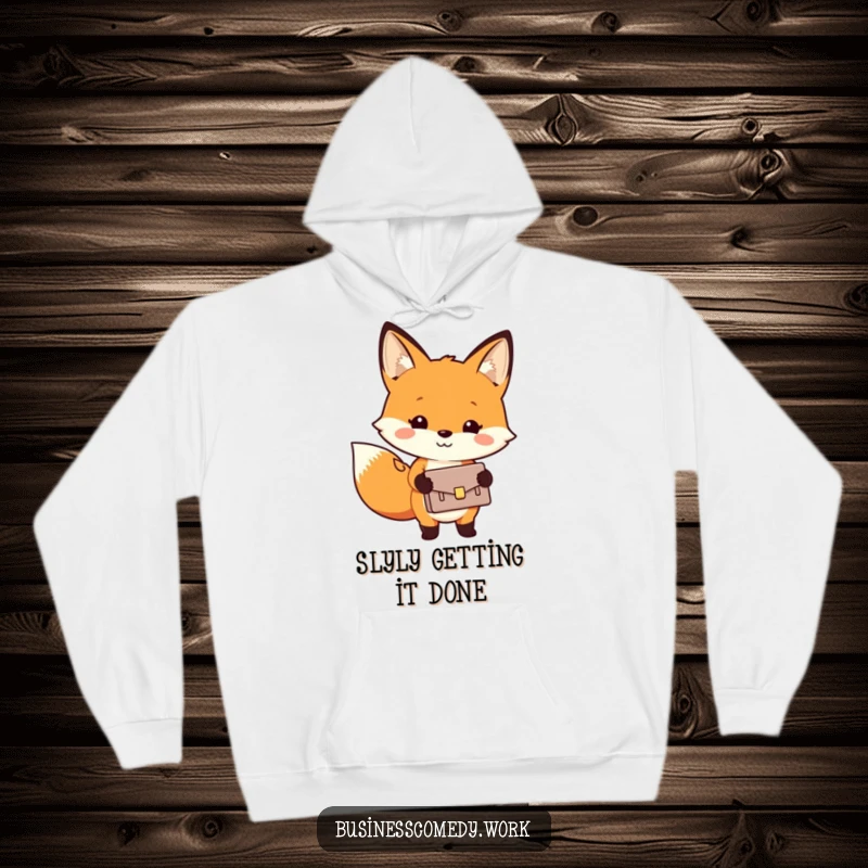 Funny hoodie design showing a happy fox holding a tiny briefcase, ready for a day of work and fun.