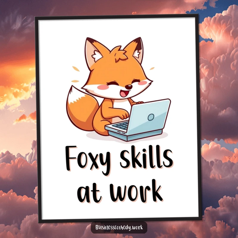 Funny Free Printable Wall Art: Energetic fox typing rapidly on a miniature laptop, radiating productive vibes.
