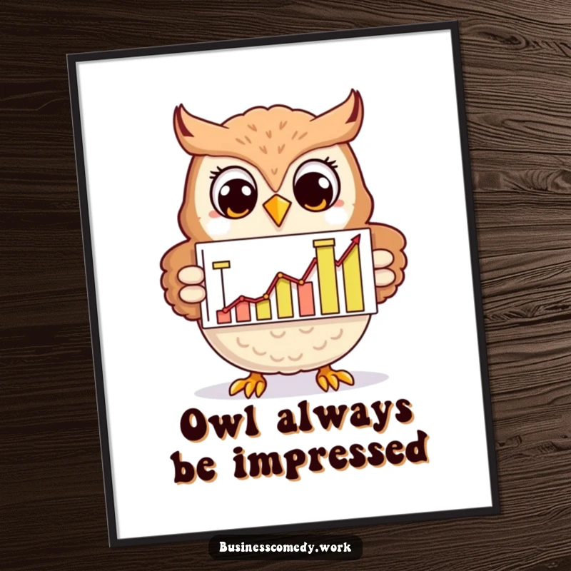 Funny Free Printable Wall Art: Cheerful owl smiling and presenting a chart with rising graphs, symbolizing growth.