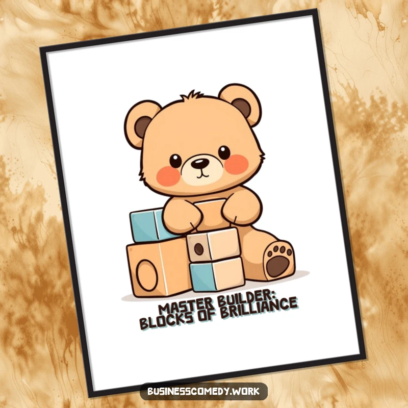 Funny Free Printable Wall Art: Determined bear cub cub stacking colorful blocks, inspiring focus and play.