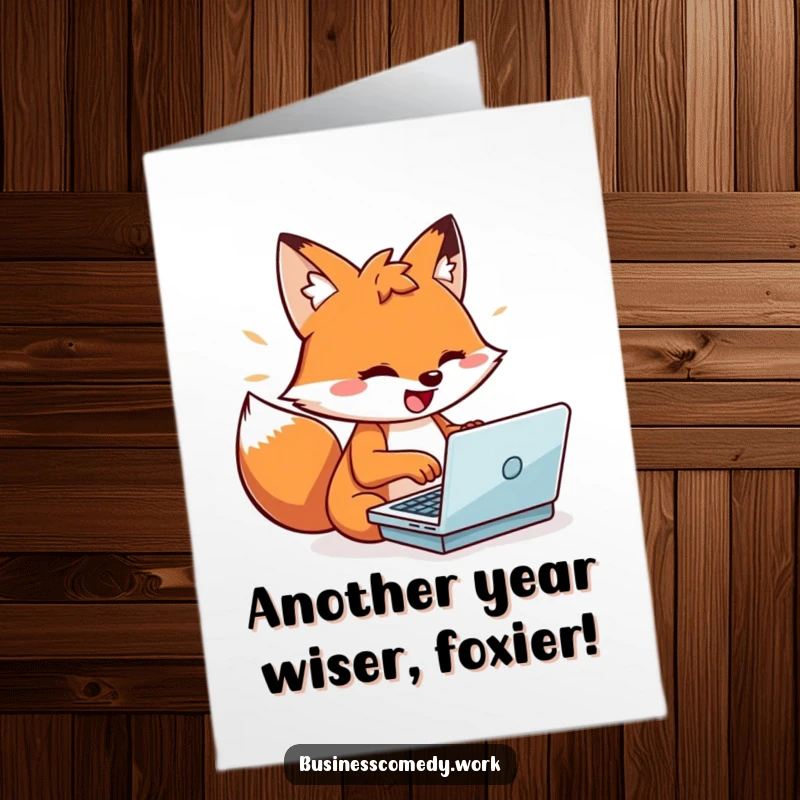 Funny Free Printable Birthday Card: Playful fox typing furiously on a tiny laptop, full of energy and birthday cheer.