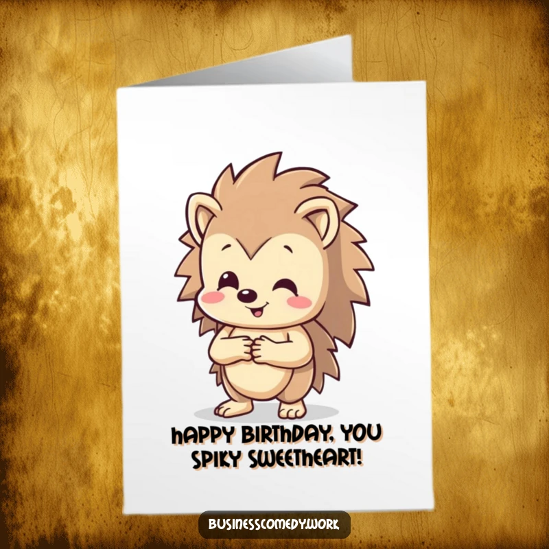 Funny Free Printable Birthday Card: Happy hedgehog beaming while shaking hands with an unseen friend, celebrating.