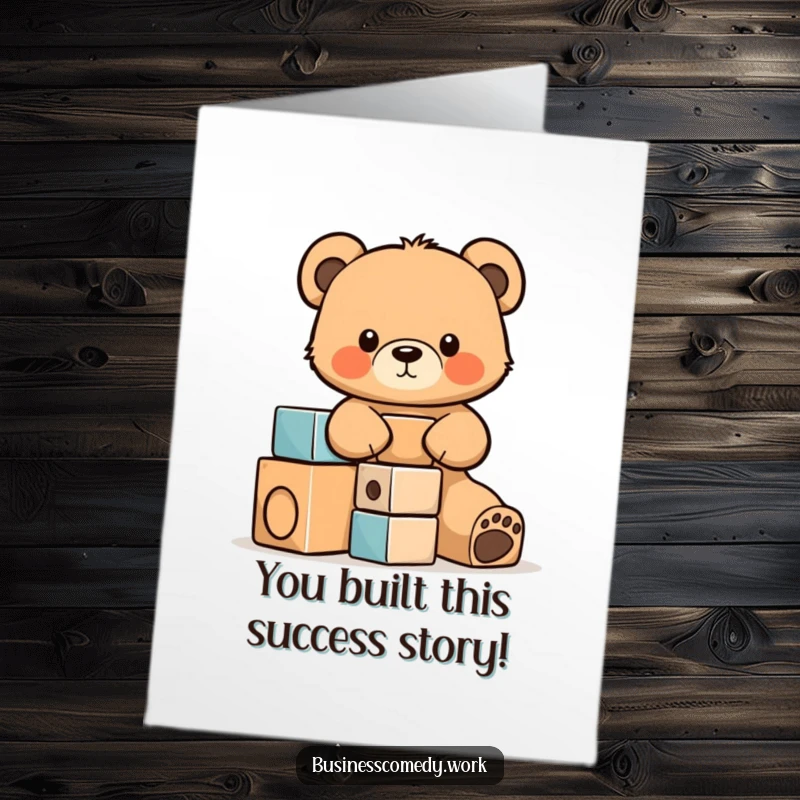 Funny Free Printable Congratulations Card: Determined bear cub cub stacking blocks, signifying achievement and hard work.