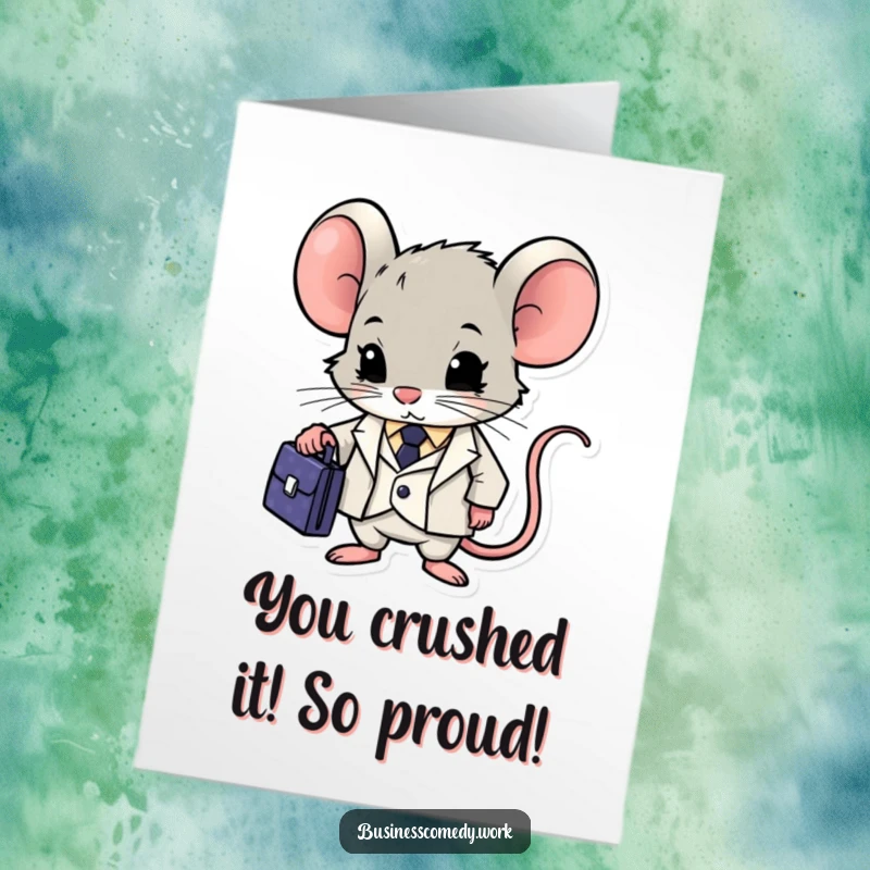 Funny Free Printable Congratulations Card: Ambitious mouse in a suit holding a briefcase, celebrating big achievements.