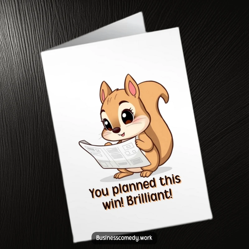Funny Free Printable Congratulations Card: Curious squirrel analyzing a blueprint, representing a brilliant plan.