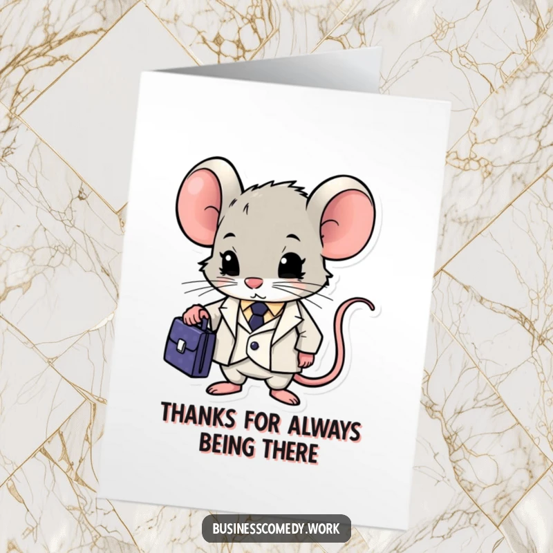 Funny Free Printable Thank You Card: Determined mouse in a suit, briefcase in hand, expressing sincere thanks.