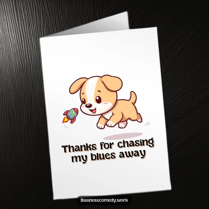 Funny Free Printable Thank You Card: Playful puppy chasing a tiny rocket icon, representing energetic gratitude.